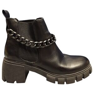 Madden‎ Girl Block Heel Boots Womens 9.5M Black Hamlet Silver Chain Round Toe